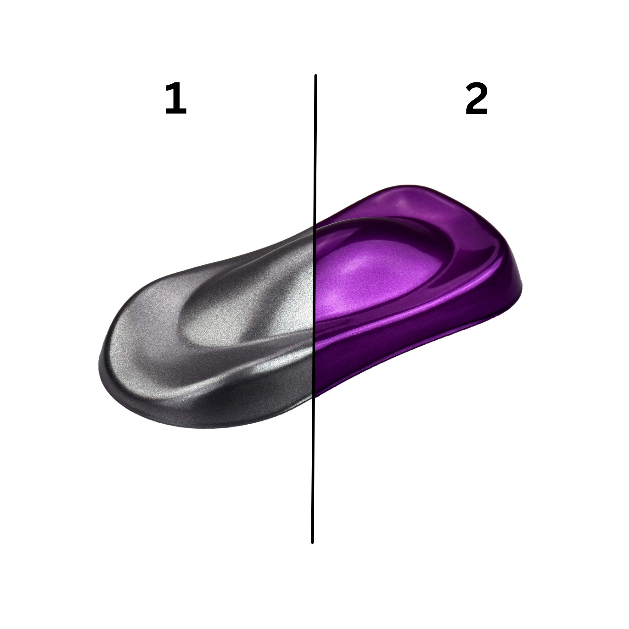 Berry Blast Pulverlack Farbmuster – silberner Metallic-Basislack mit violetter Cosmic-Lasur