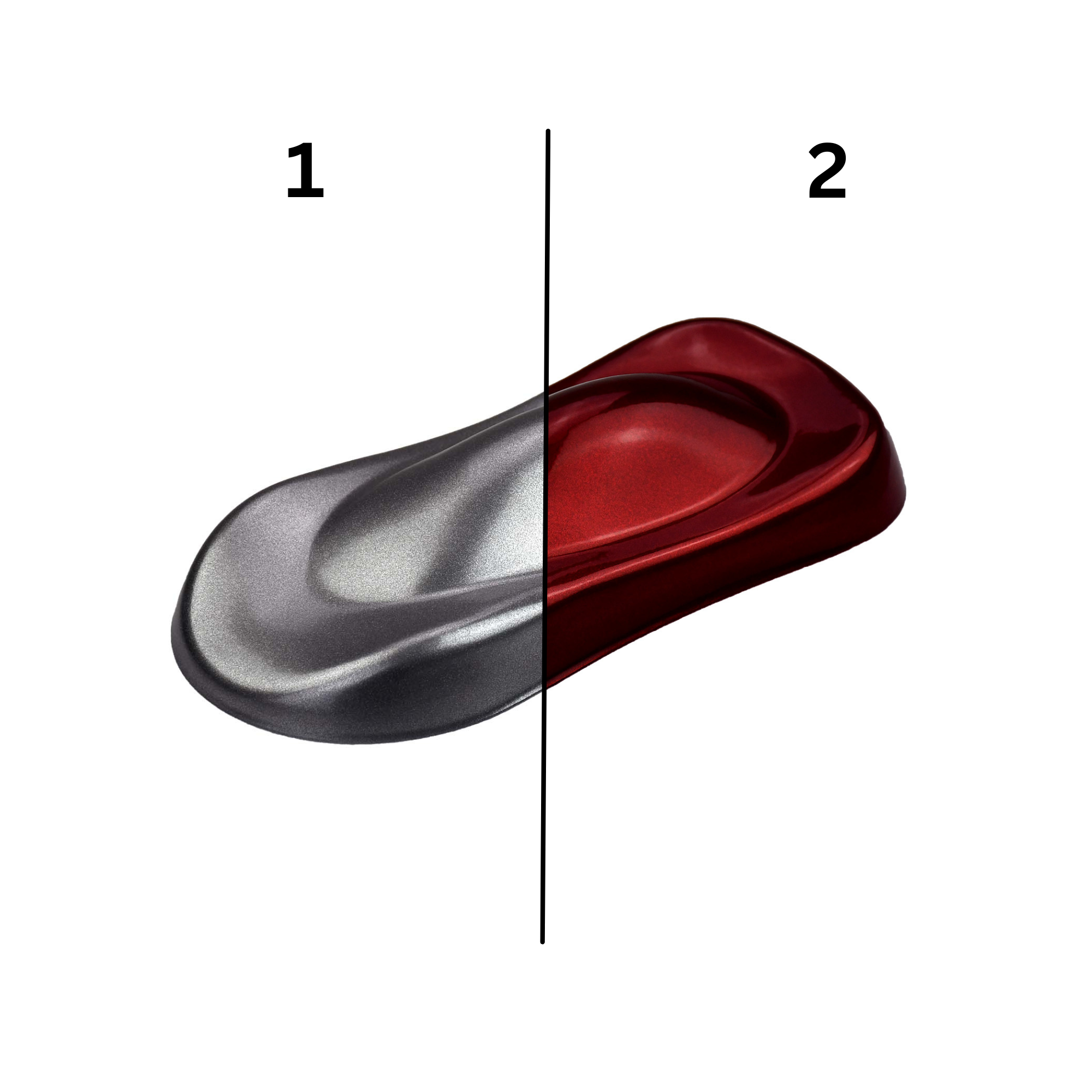 Cherry Bomb Pulverlack Farbmuster – silberner Basislack mit roter Cosmic-Lasur