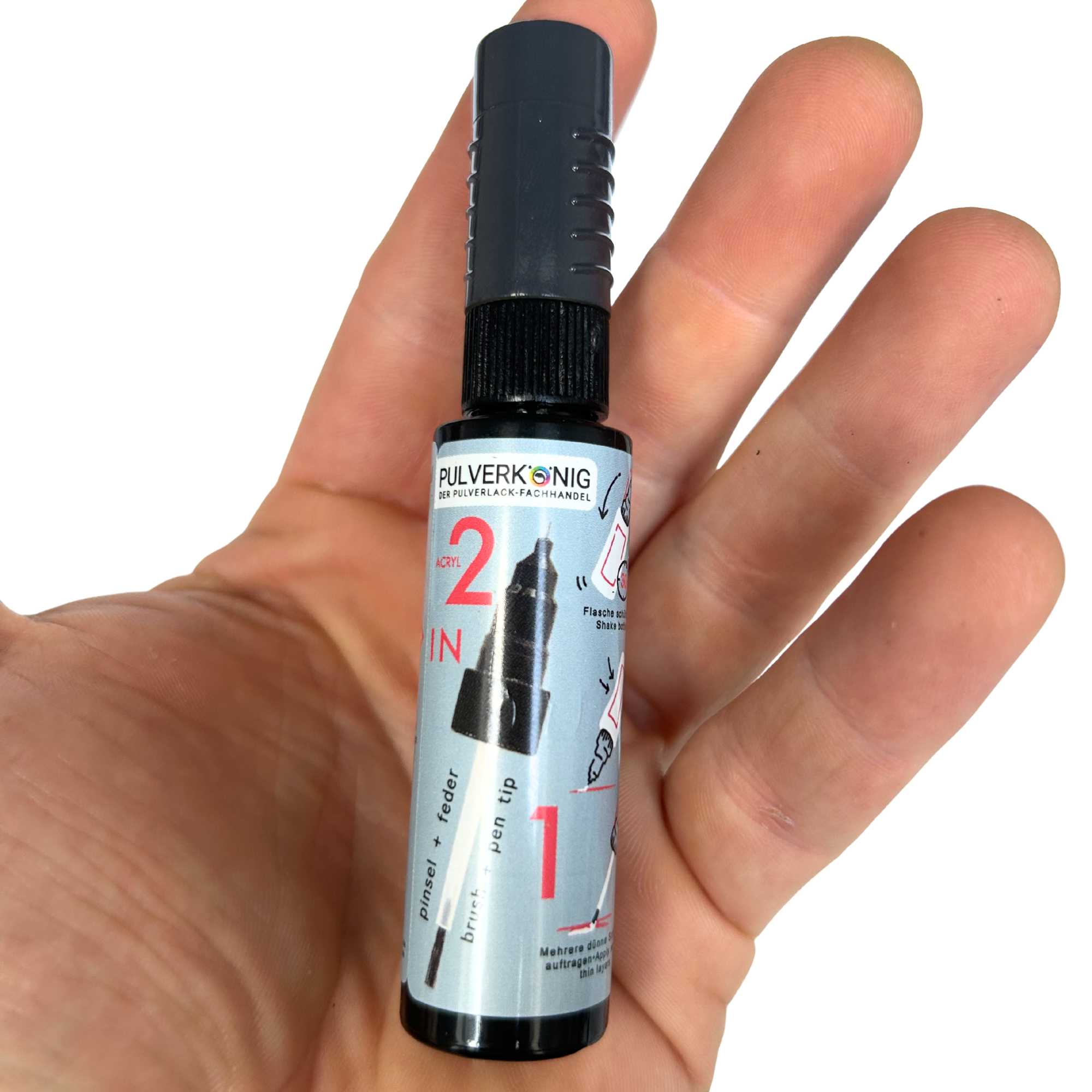Lackstift RAL 7016 Anthrazit in der Hand, Größenvergleich