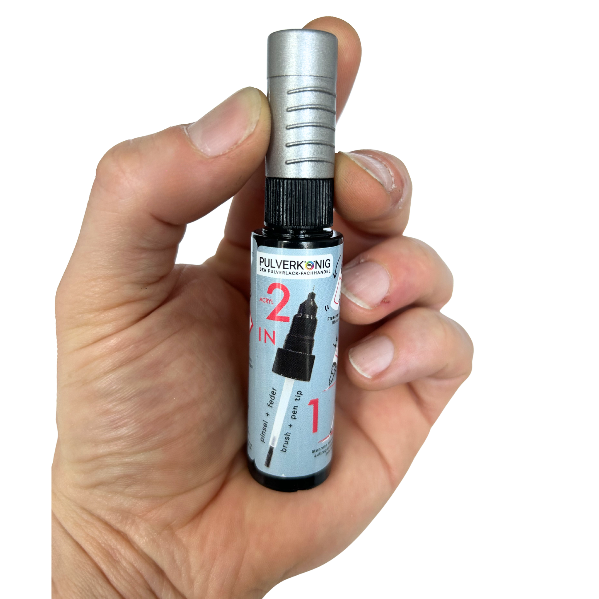 Lackstift RAL 9007 Graualuminium in der Hand, Größenvergleich