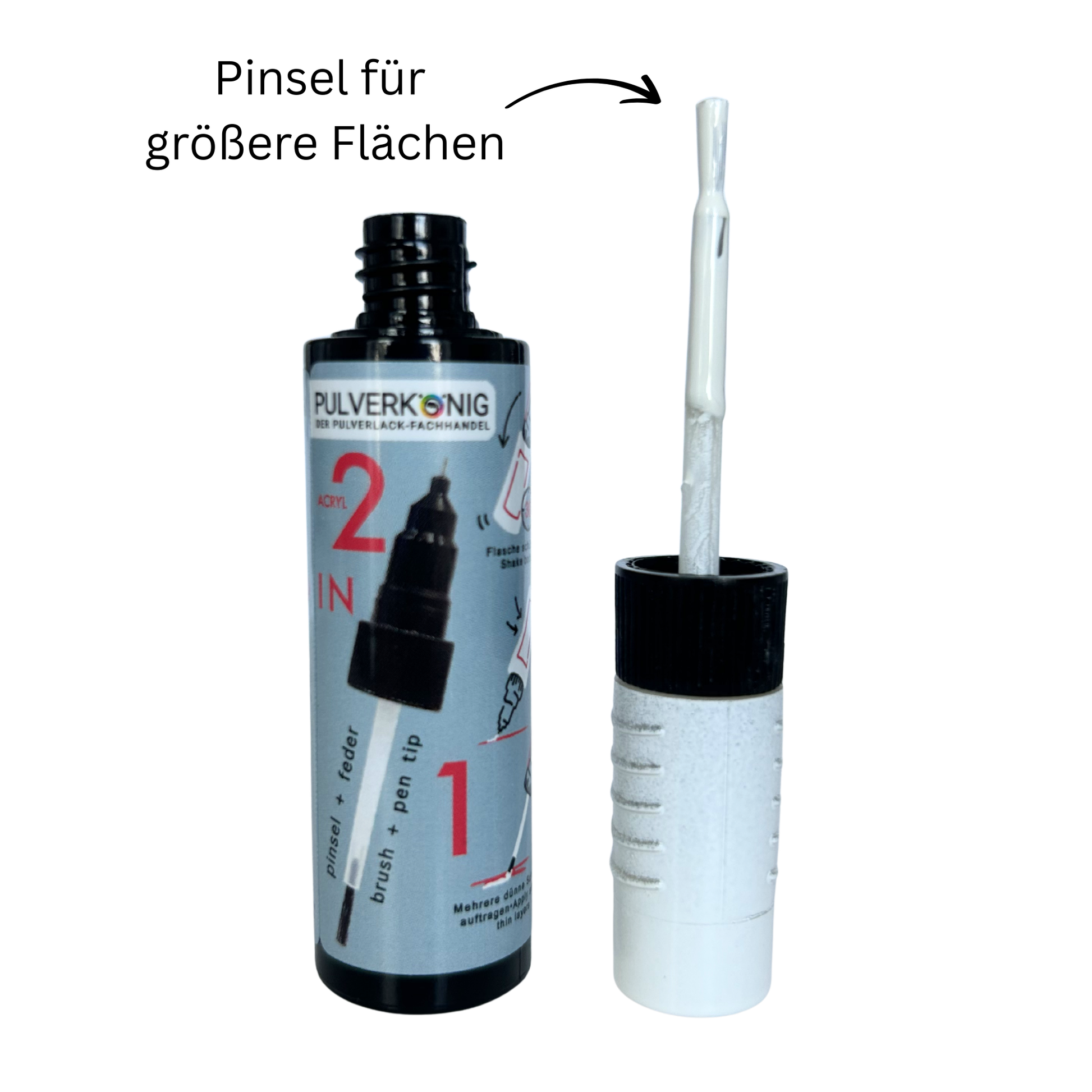Lackstift RAL 9010 Reinweiß mit geöffnetem Pinselapplikator